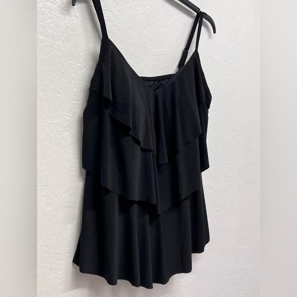 WOMEN’S Sleeveless Tiered Ruffle Tankini Swimsuit Top Black - Picture 11 of 15